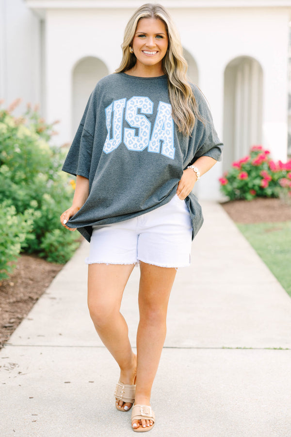 Plus Size charcoal boyfriend tee with light blue leopard print USA graphic and white denim shorts.