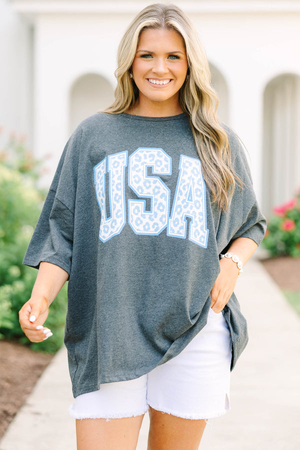 Plus Size charcoal boyfriend tee with light blue leopard print USA graphic and white denim shorts.