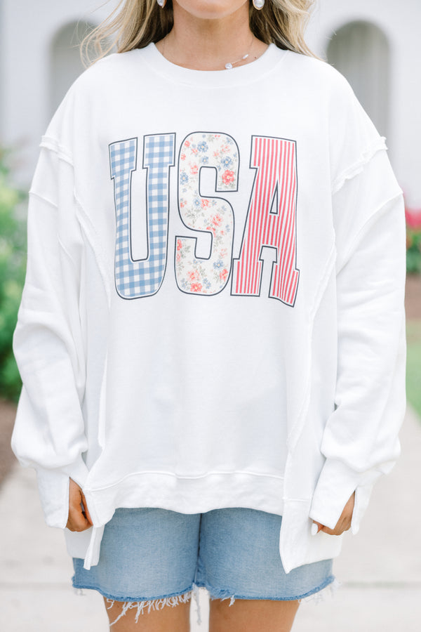 Plus Size ivory crew neck sweatshirt with USA patchwork lettering 