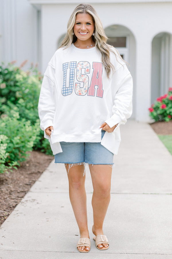 Plus Size ivory crew neck sweatshirt with USA patchwork lettering 