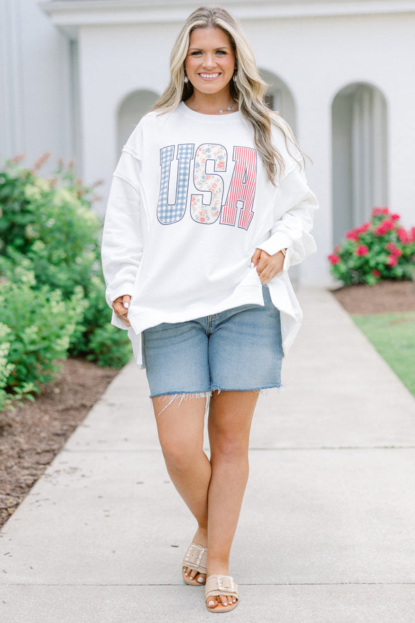 Plus Size ivory crew neck sweatshirt with USA patchwork lettering 