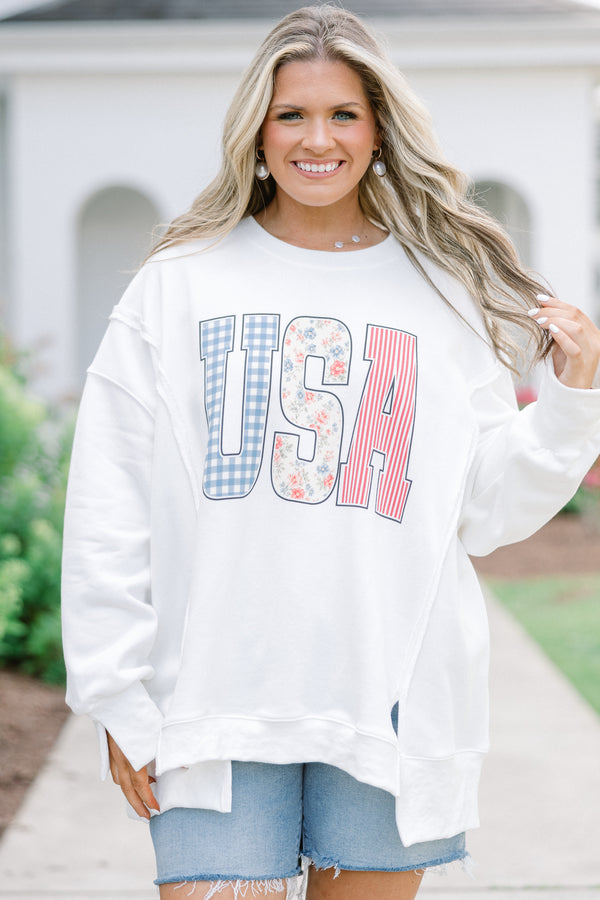 Plus Size ivory crew neck sweatshirt with USA patchwork lettering 