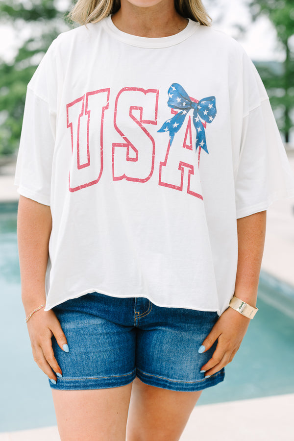 Chic Soul plus size clothing, white vintage wash boxy tee with USA graphic and bow