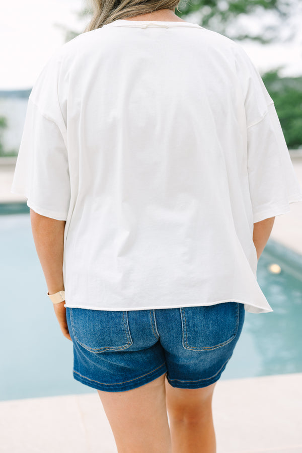 Chic Soul plus size clothing, white vintage wash boxy tee with USA graphic and bow