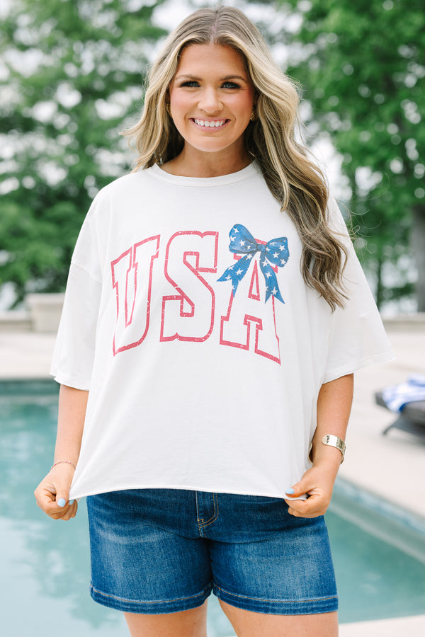 Chic Soul plus size clothing, white vintage wash boxy tee with USA graphic and bow