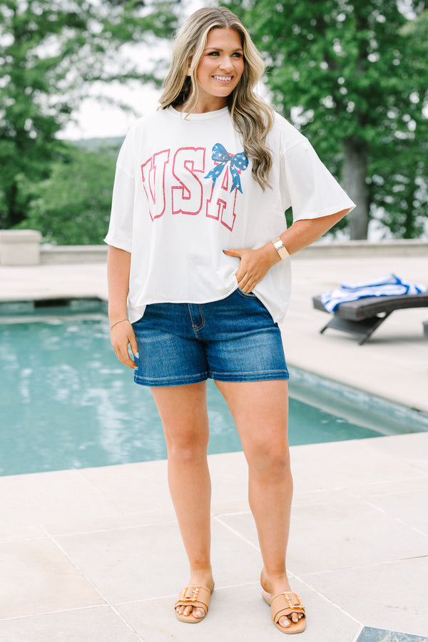 Chic Soul plus size clothing, white vintage wash boxy tee with USA graphic and bow