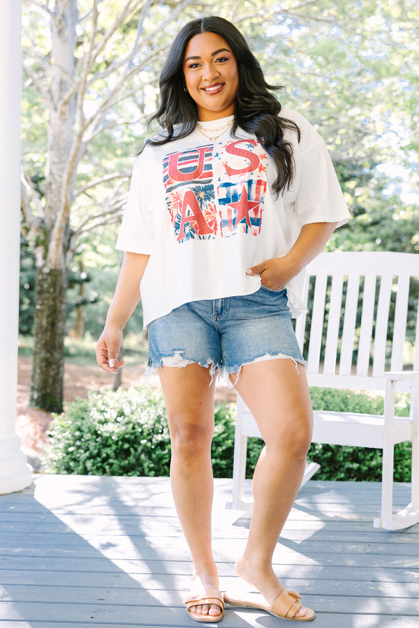 Chic Soul plus size clothing, white short sleeve cropped vintage wash tee with 