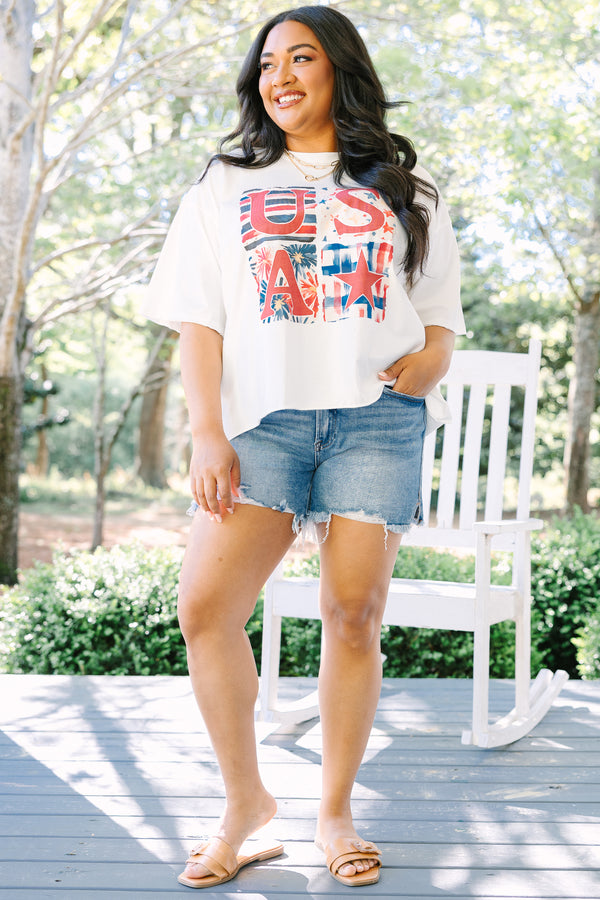 Chic Soul plus size clothing, white short sleeve cropped vintage wash tee with 