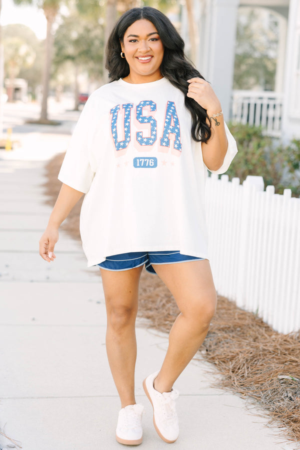 Chic Soul plus size clothing, ivory white short sleeve boyfriend tee with 