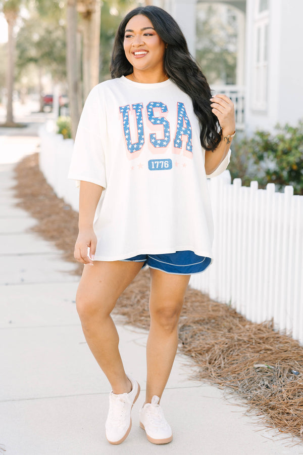 Chic Soul plus size clothing, ivory white short sleeve boyfriend tee with 