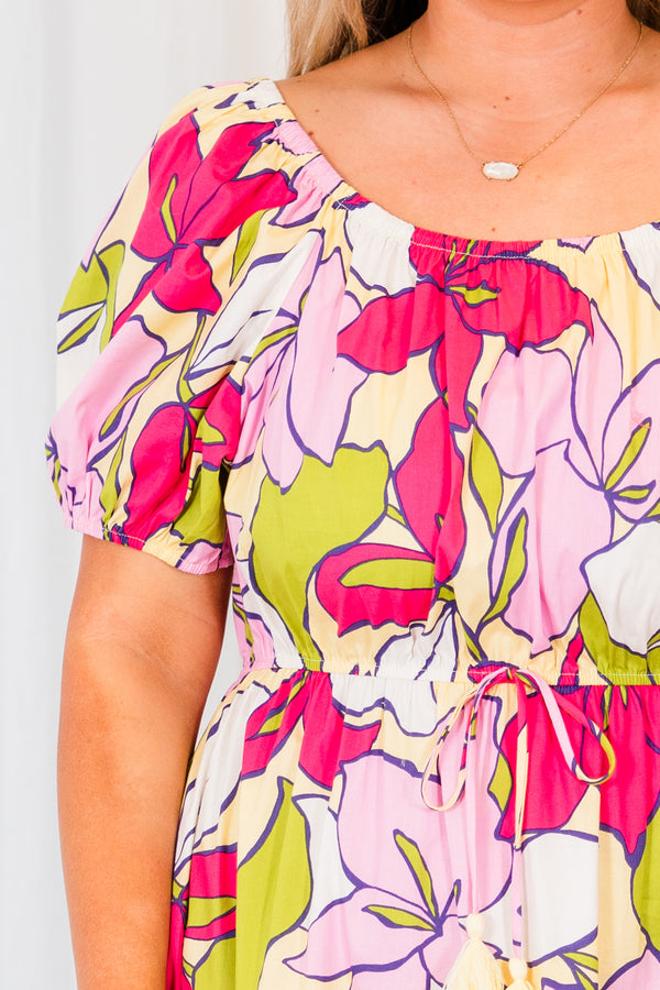 Chic Soul plus size clothing, fuchsia floral print maxi dress with short puff sleeves