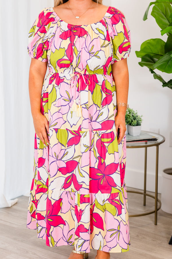 Chic Soul plus size clothing, fuchsia floral print maxi dress with short puff sleeves
