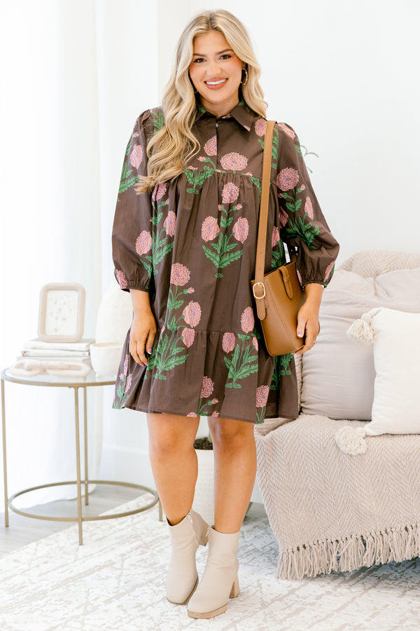 Chic Soul plus size clothing, brown long sleeve short baby doll dress with pink and green floral block patterning 