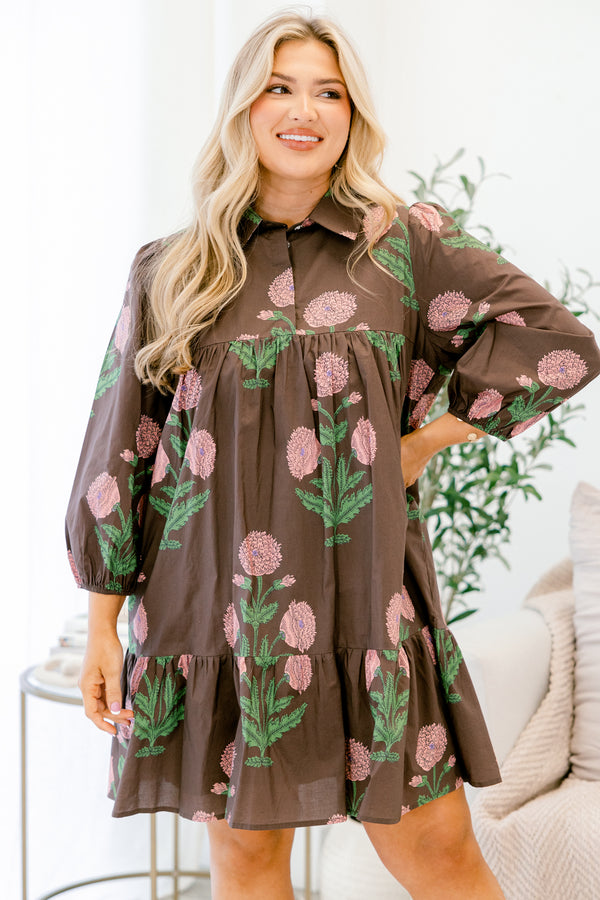 Chic Soul plus size clothing, brown long sleeve short baby doll dress with pink and green floral block patterning 
