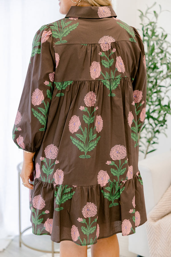 Chic Soul plus size clothing, brown long sleeve short baby doll dress with pink and green floral block patterning 