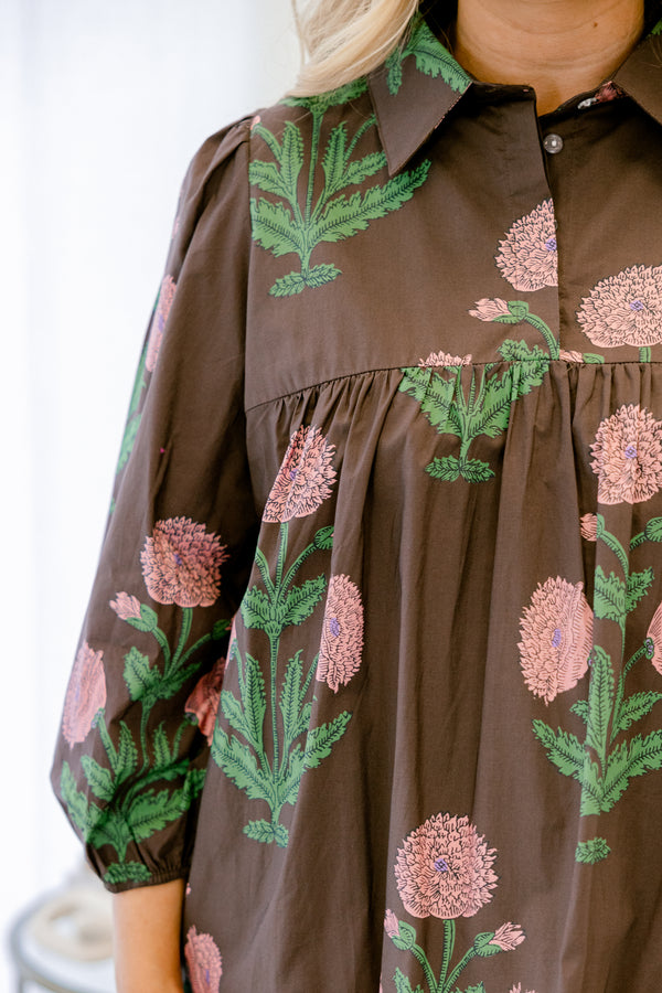 Chic Soul plus size clothing, brown long sleeve short baby doll dress with pink and green floral block patterning 