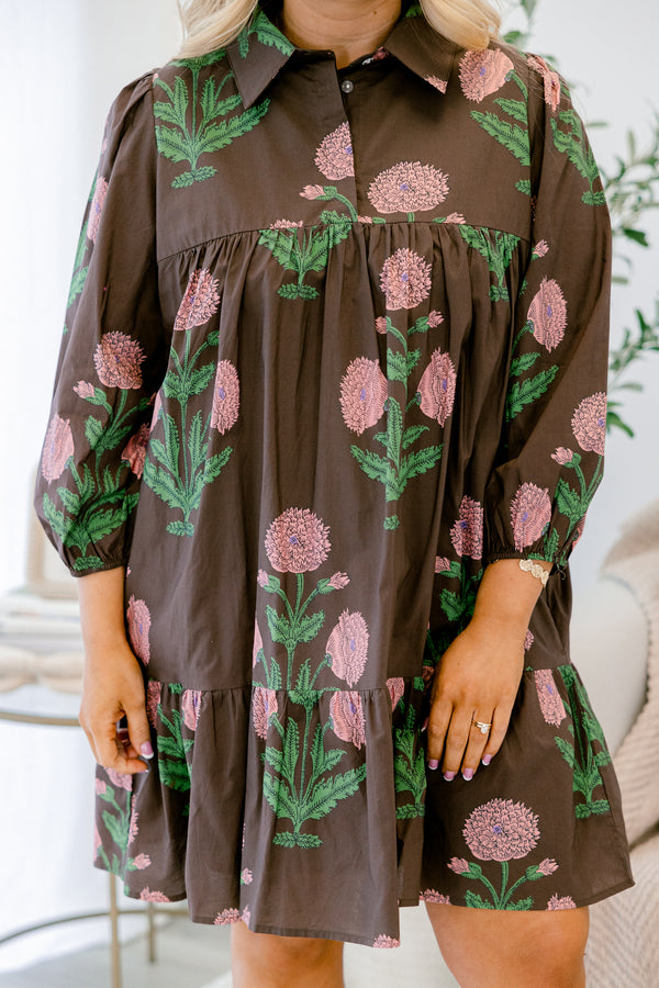 Chic Soul plus size clothing, brown long sleeve short baby doll dress with pink and green floral block patterning 