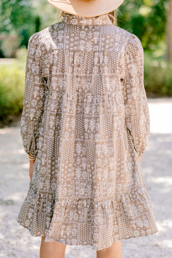 Chic Soul plus size clothing, Light brown long sleeve short tiered dress with white floral print and a collar