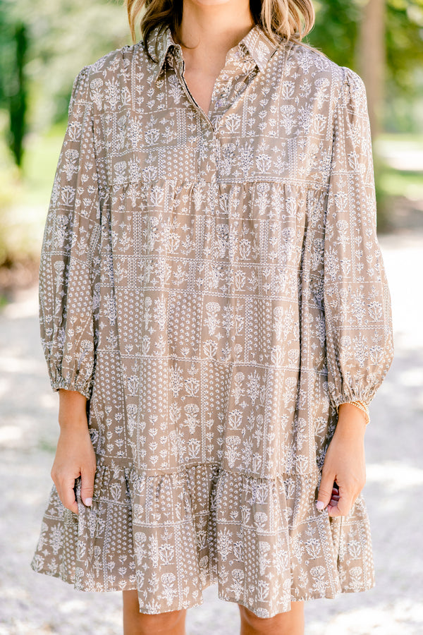 Chic Soul plus size clothing, Light brown long sleeve short tiered dress with white floral print and a collar