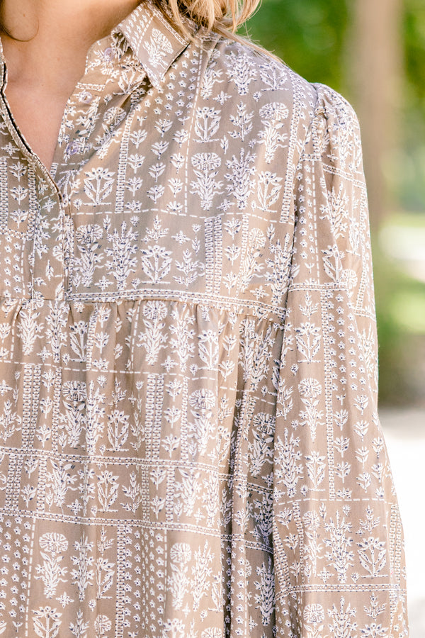 Chic Soul plus size clothing, Light brown long sleeve short tiered dress with white floral print and a collar