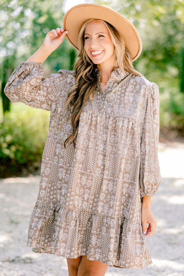 Chic Soul plus size clothing, Light brown long sleeve short tiered dress with white floral print and a collar