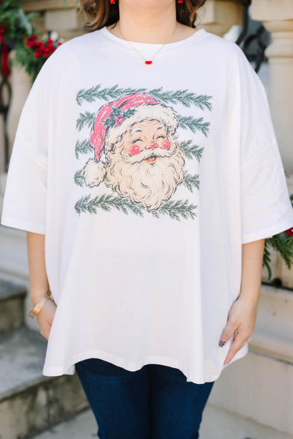 Plus Size white cotton boyfriend tee with a vintage Santa Claus graphic and pine branch accents.