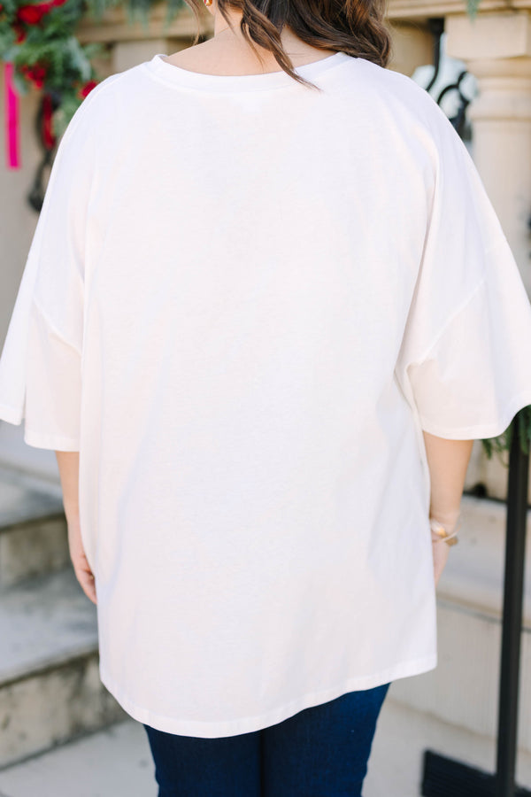 Plus Size white cotton boyfriend tee with a vintage Santa Claus graphic and pine branch accents.