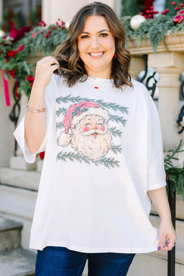 Plus Size white cotton boyfriend tee with a vintage Santa Claus graphic and pine branch accents.