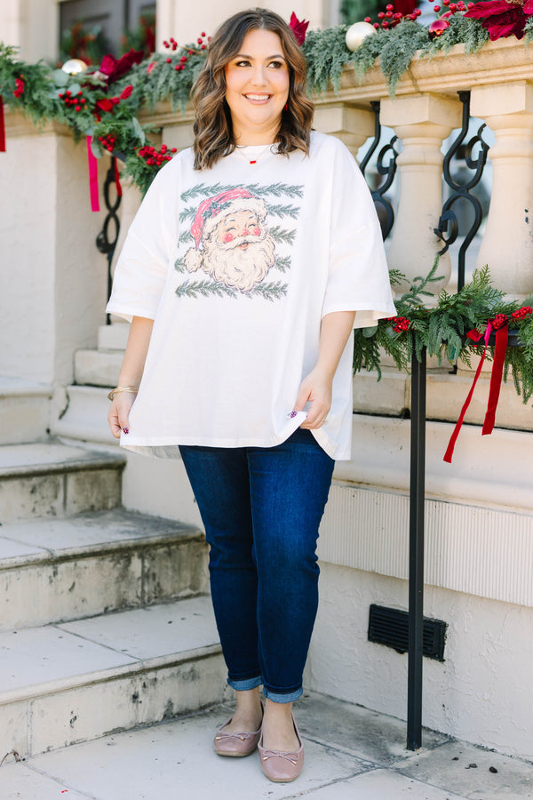 Plus Size white cotton boyfriend tee with a vintage Santa Claus graphic and pine branch accents.