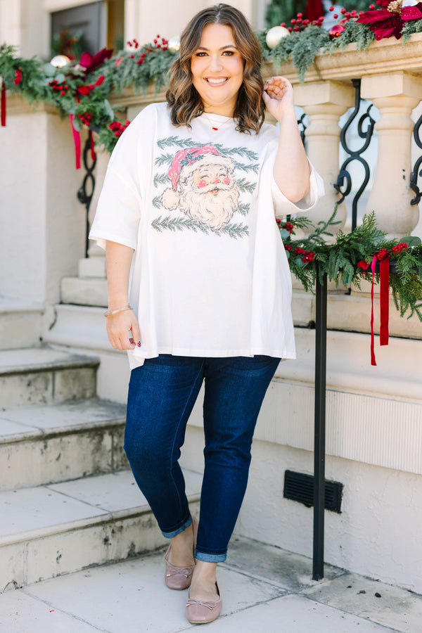 Plus Size white cotton boyfriend tee with a vintage Santa Claus graphic and pine branch accents.