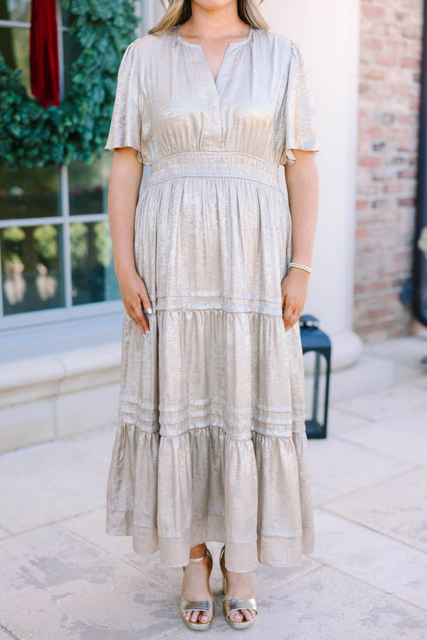 Plus Size champagne metallic tiered maxi dress with short flutter sleeves and a V-neckline.
