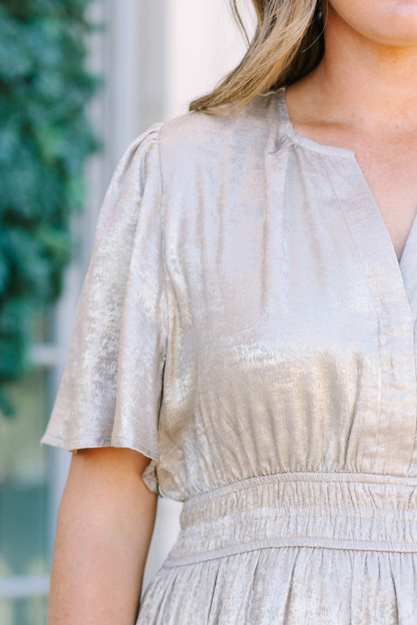 Plus Size champagne metallic tiered maxi dress with short flutter sleeves and a V-neckline.