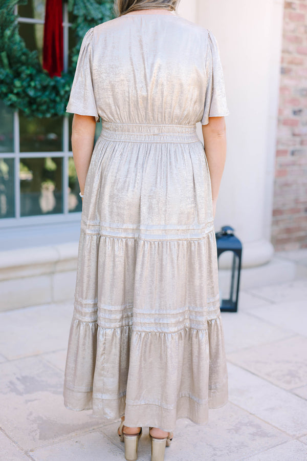 Plus Size champagne metallic tiered maxi dress with short flutter sleeves and a V-neckline.