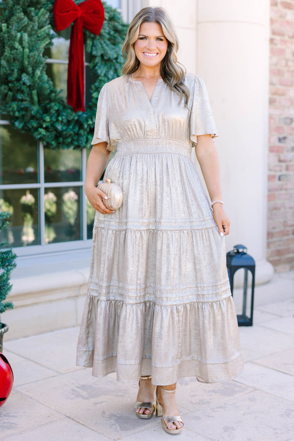 Plus Size champagne metallic tiered maxi dress with short flutter sleeves and a V-neckline.