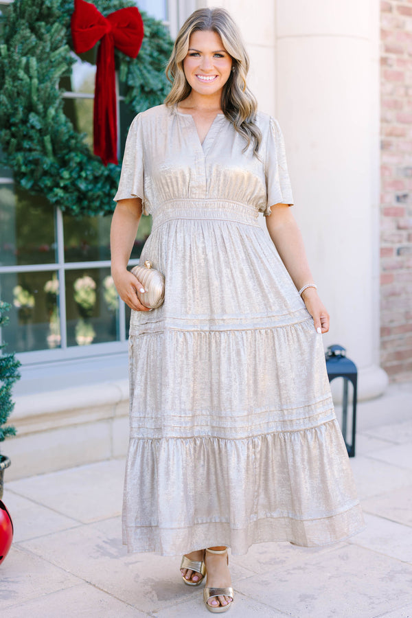 Plus Size champagne metallic tiered maxi dress with short flutter sleeves and a V-neckline.