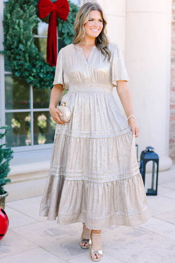 Plus Size champagne metallic tiered maxi dress with short flutter sleeves and a V-neckline.