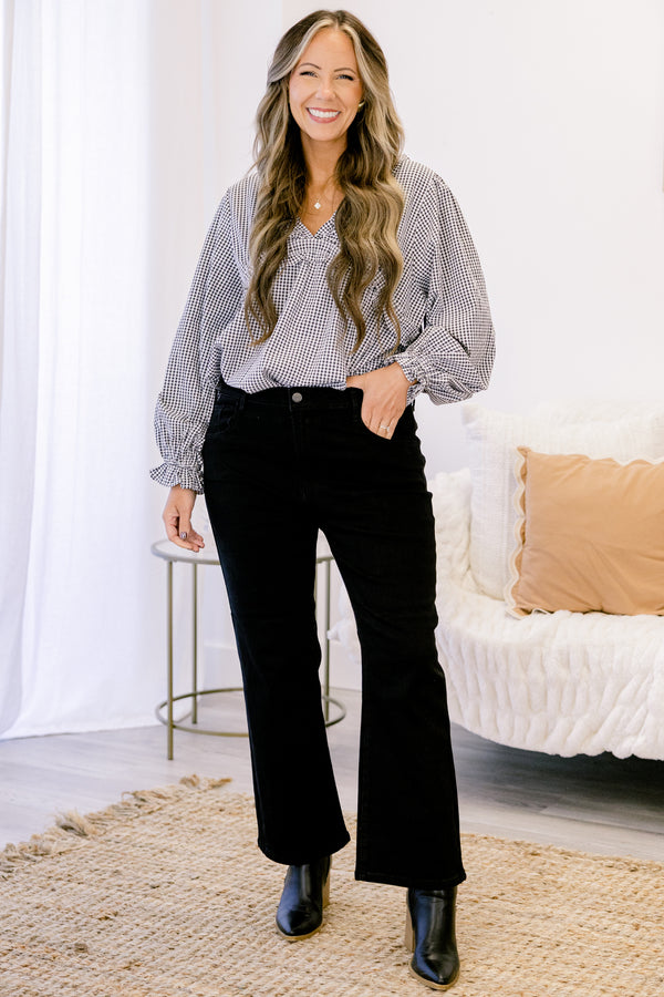 Chic Soul plus size clothing, black straight leg jeans with finished hem
