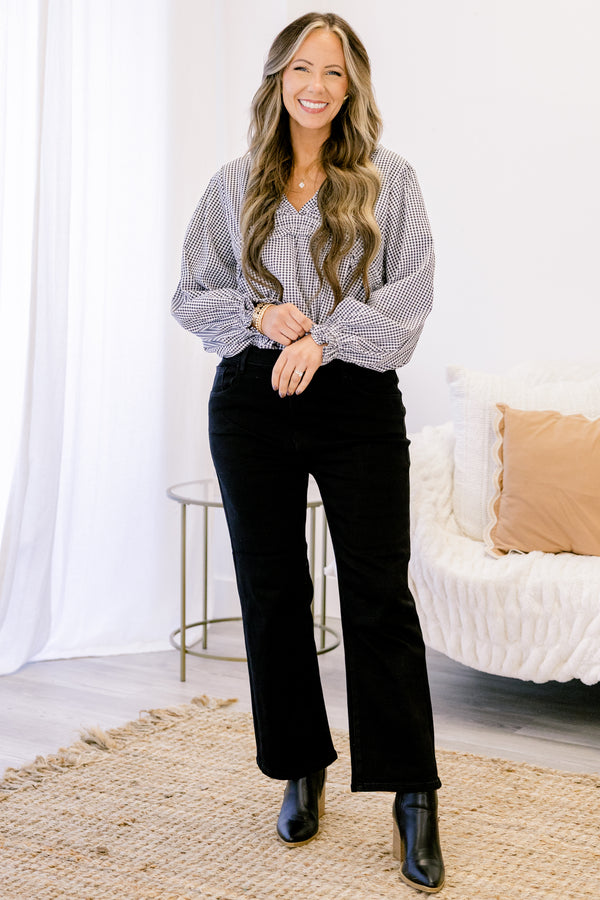 Chic Soul plus size clothing, black straight leg jeans with finished hem
