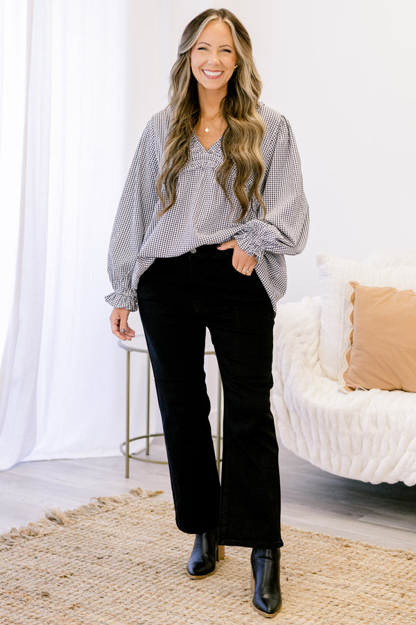 Chic Soul plus size clothing, black straight leg jeans with finished hem
