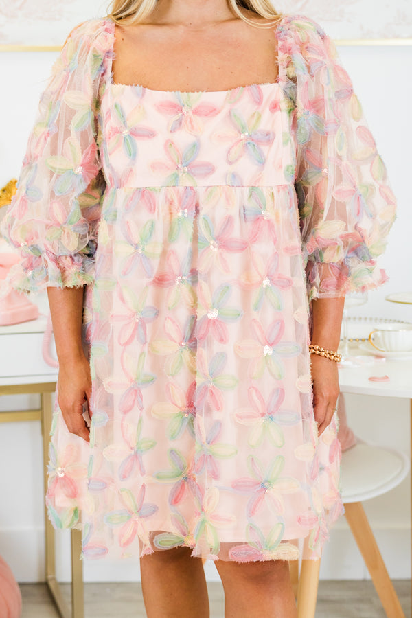 Chic Soul plus size clothing, pink mid sleeve short dress with large pastel flower pattern