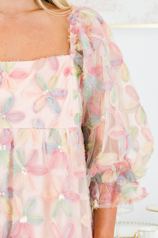 Chic Soul plus size clothing, pink mid sleeve short dress with large pastel flower pattern