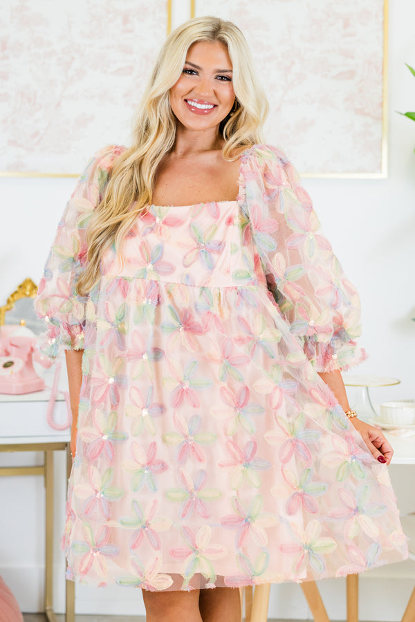 Chic Soul plus size clothing, pink mid sleeve short dress with large pastel flower pattern