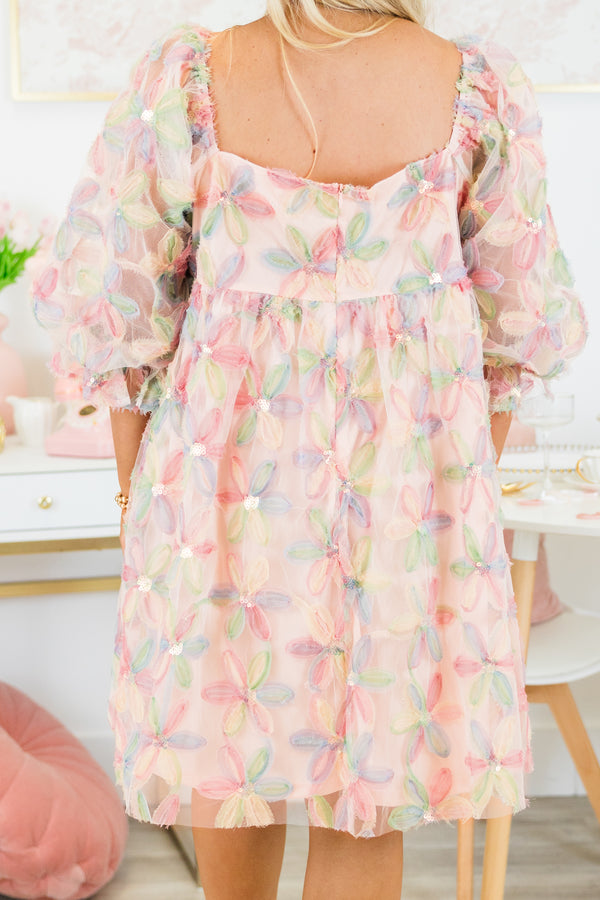 Chic Soul plus size clothing, pink mid sleeve short dress with large pastel flower pattern
