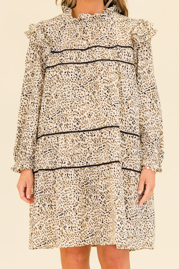 Chic Soul plus size clothing, quarter-sleeve gray ruffled mock neck dress with fluttered ruffles on shoulders and black line detailing with abstract leopard pattern 
