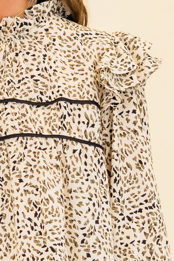 Chic Soul plus size clothing, quarter-sleeve gray ruffled mock neck dress with fluttered ruffles on shoulders and black line detailing with abstract leopard pattern 