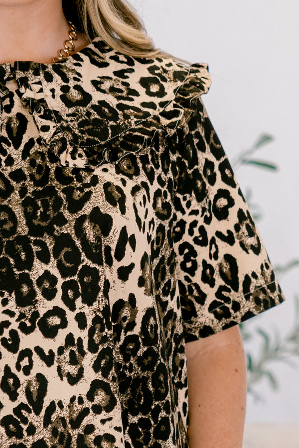 Chic Soul plus size clothing, brown leopard print short sleeve short dress with peter pan collar