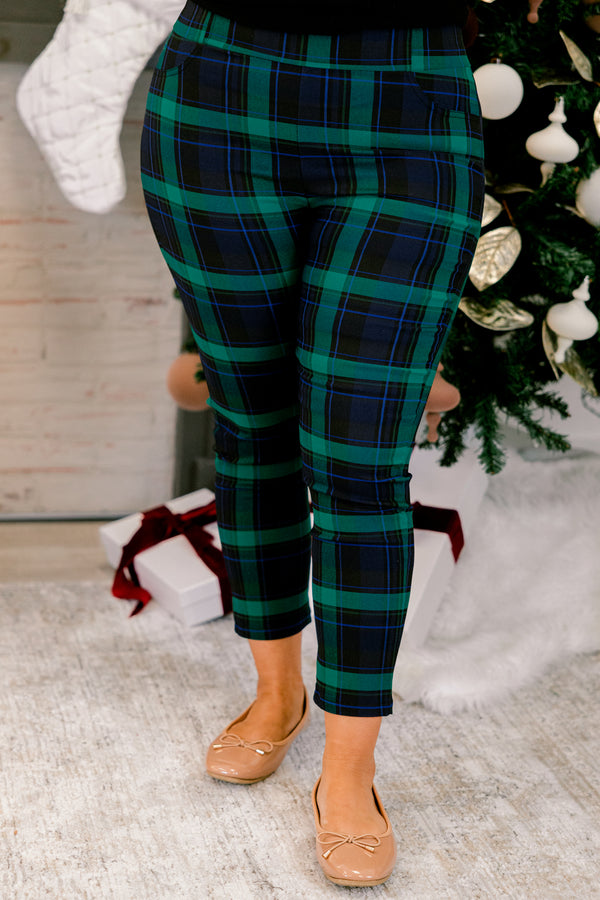 Chic Soul plus size clothing, navy and green plaid cropped slim fit pants