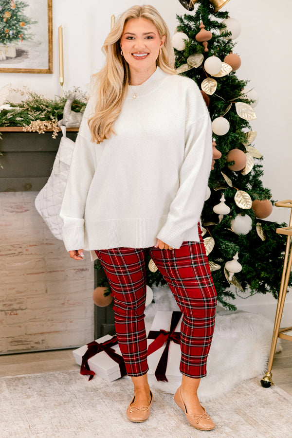 Chic Soul plus size clothing, red plaid cropped slim fit pants