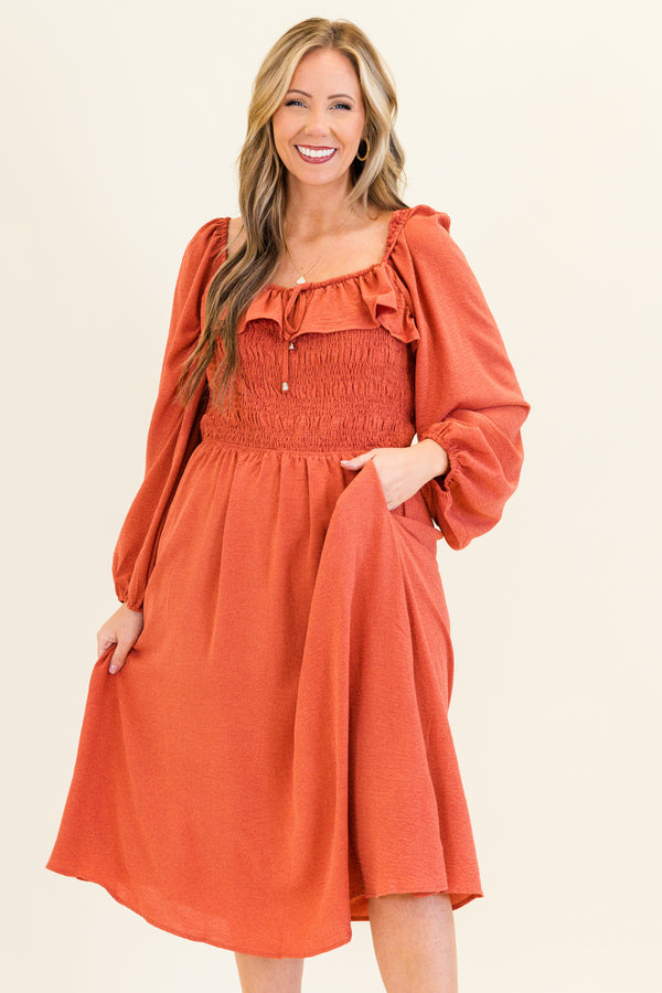 Chic Soul plus size clothing, long-balloon-sleeve terracotta orange baby doll midi dress with ruffled sweetheart neckline 
