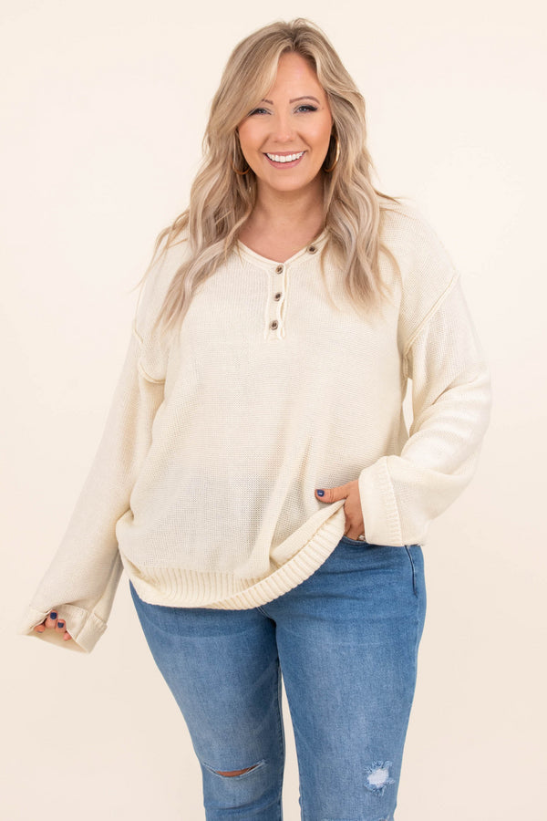 Chic Soul plus size clothing, oatmeal cream long sleeve casual top with buttons at collar